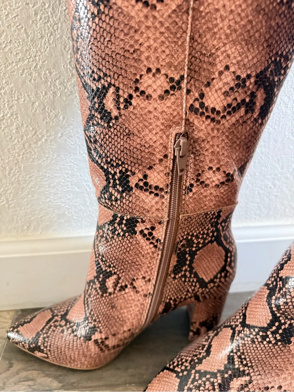 Snake-Print Over-the-Knee Boots in Dusty Pink